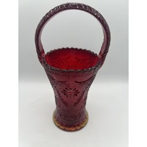 Vintage Tiara Indiana Sandwich Glass Ruby Red Sunset‎ Handled Glass Basket 10"